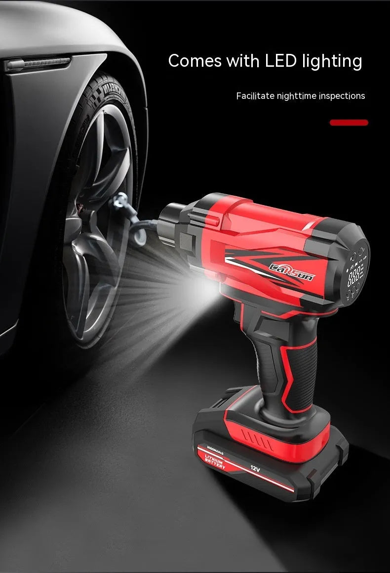 Red and black portable car tyre inflator with digital display and multiple nozzle attachments on a black background