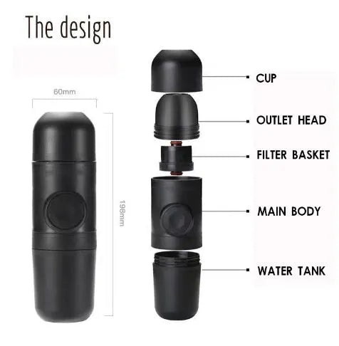 Black portable manual coffee machine showing compact 6x17.5cm design with stainless steel components
