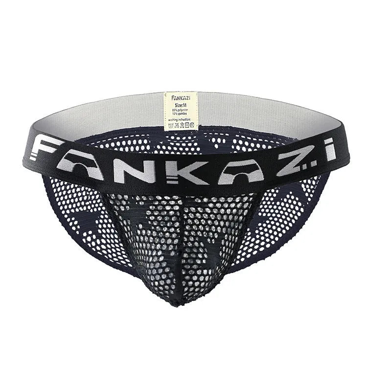 Men's black hollow mesh briefs showing low-waist and high-cut leg design
