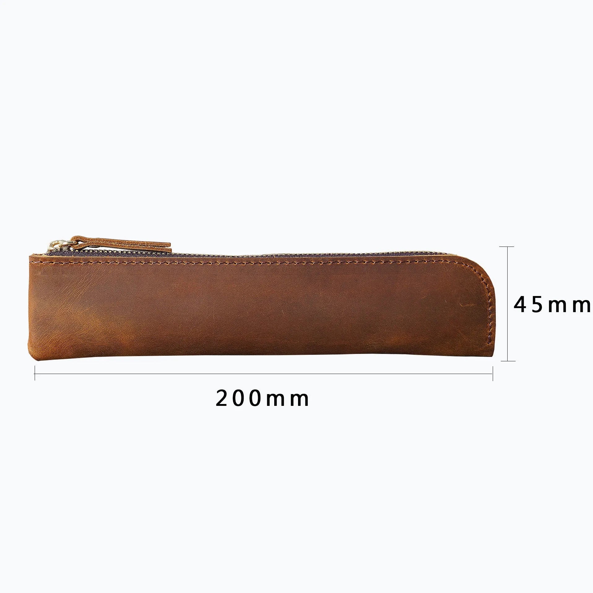Cowhide retro pencil case 200mm x 45mm in Crazy Horse Brown with square shape and zipper closure