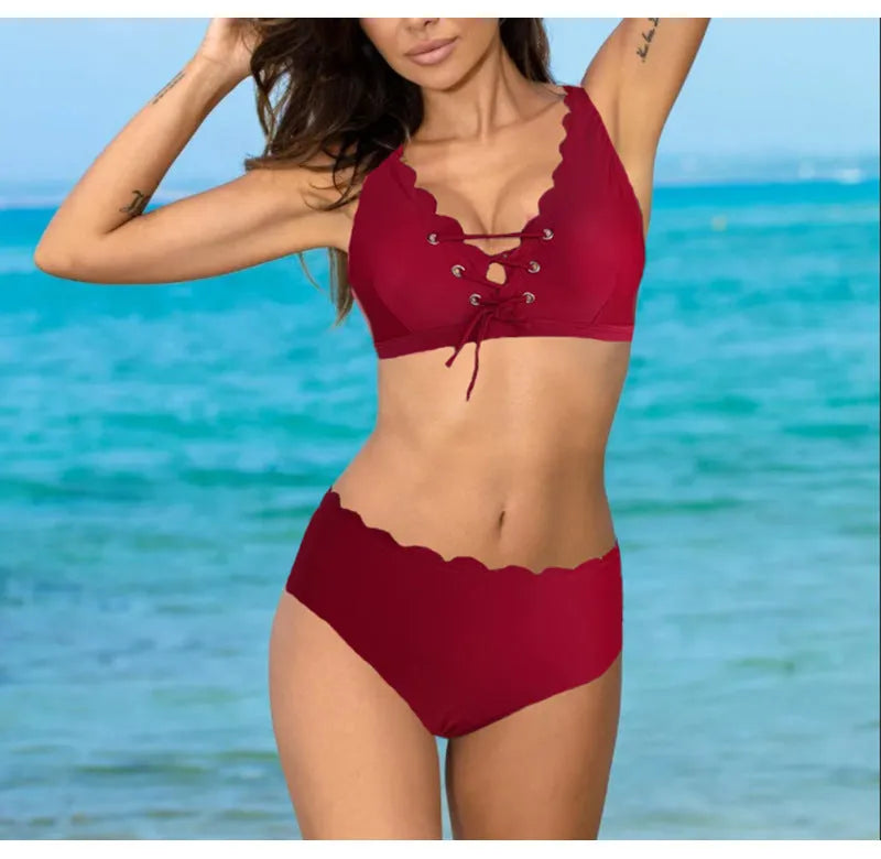 Women's high-waisted split swimsuit in solid colour with polyester fabric