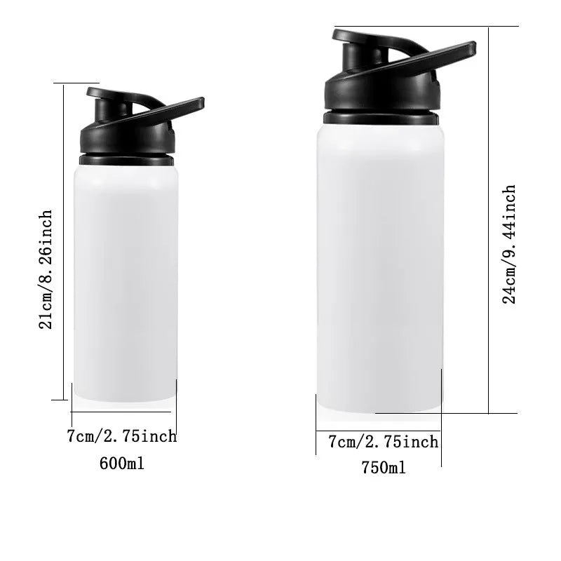 White aluminium sports water bottle for cycling and outdoor activities showing 600ml and 750ml size options.