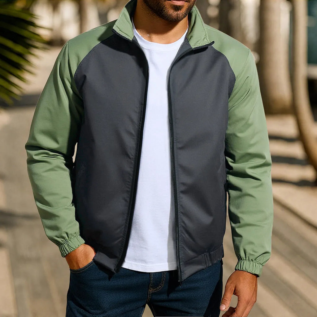 Men's stand collar casual coat with contrast colour details and raglan sleeves in loose fit