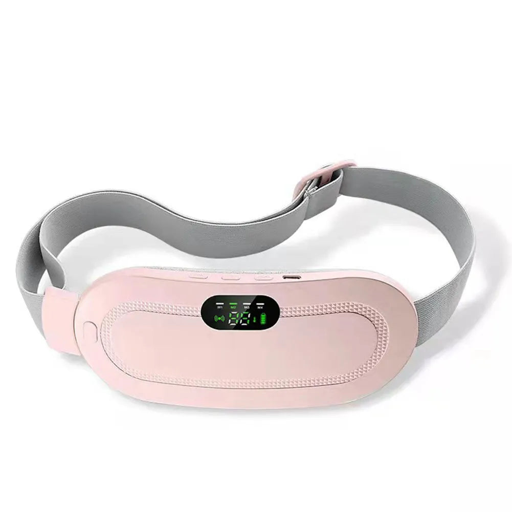 Pink menstrual heating pad with controller displaying temperature settings and vibration options