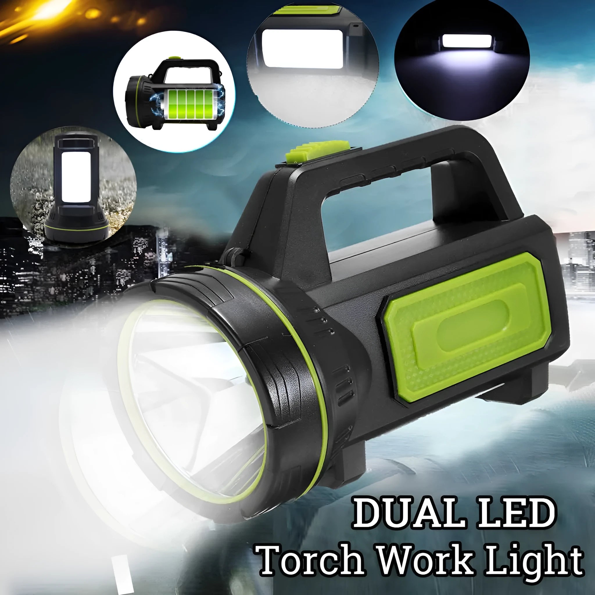 Green USB rechargeable LED flashlight with super bright beam showing 500m range