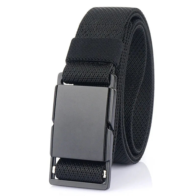 Metal magnetic buckle casual belt in polyester fibre, 125 cm long, shown in Army Green colour.