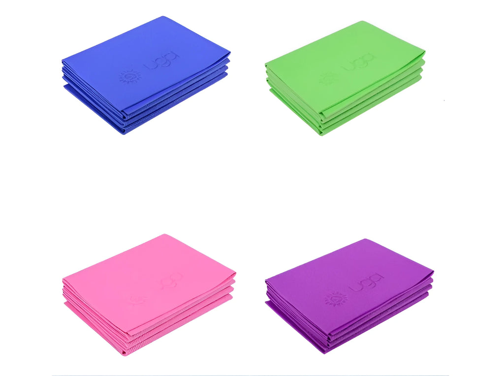 Foldable PVC yoga mat in blue, non-slip surface, 4mm thickness