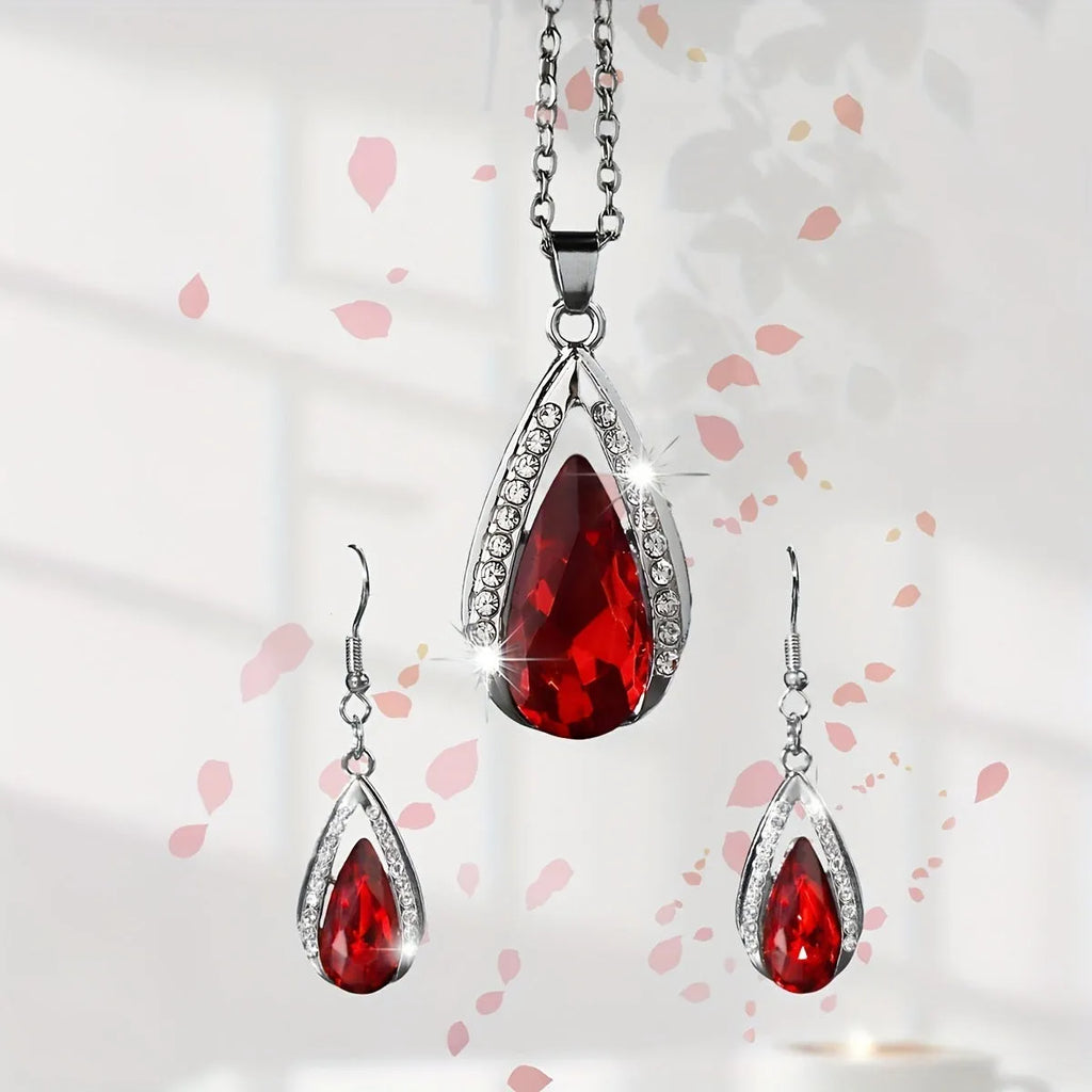 Black and red alloy teardrop pendant necklace with matching droplet earrings set.