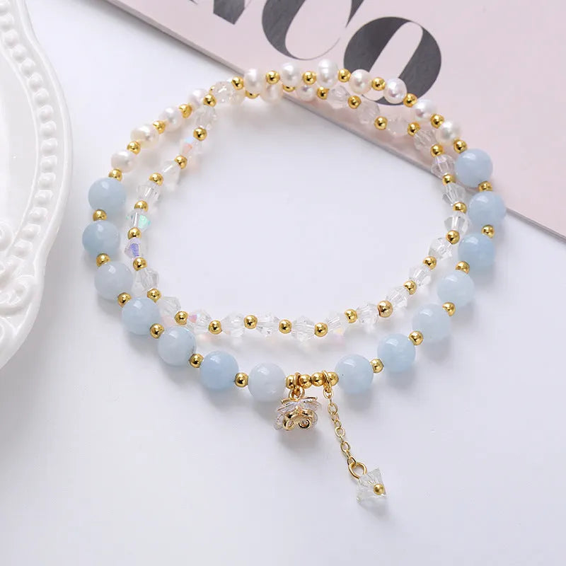 Handmade natural freshwater pearl and crystal double ring bracelet for women in choice of three colours