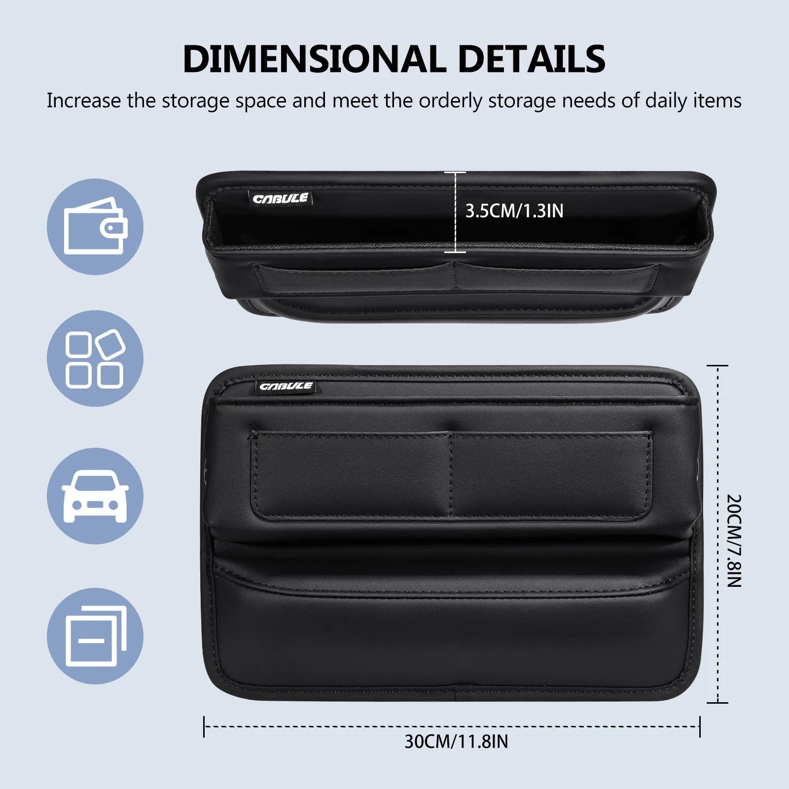 Black PU leather car seat gap storage organiser with data cable hole, placed between seat and central console