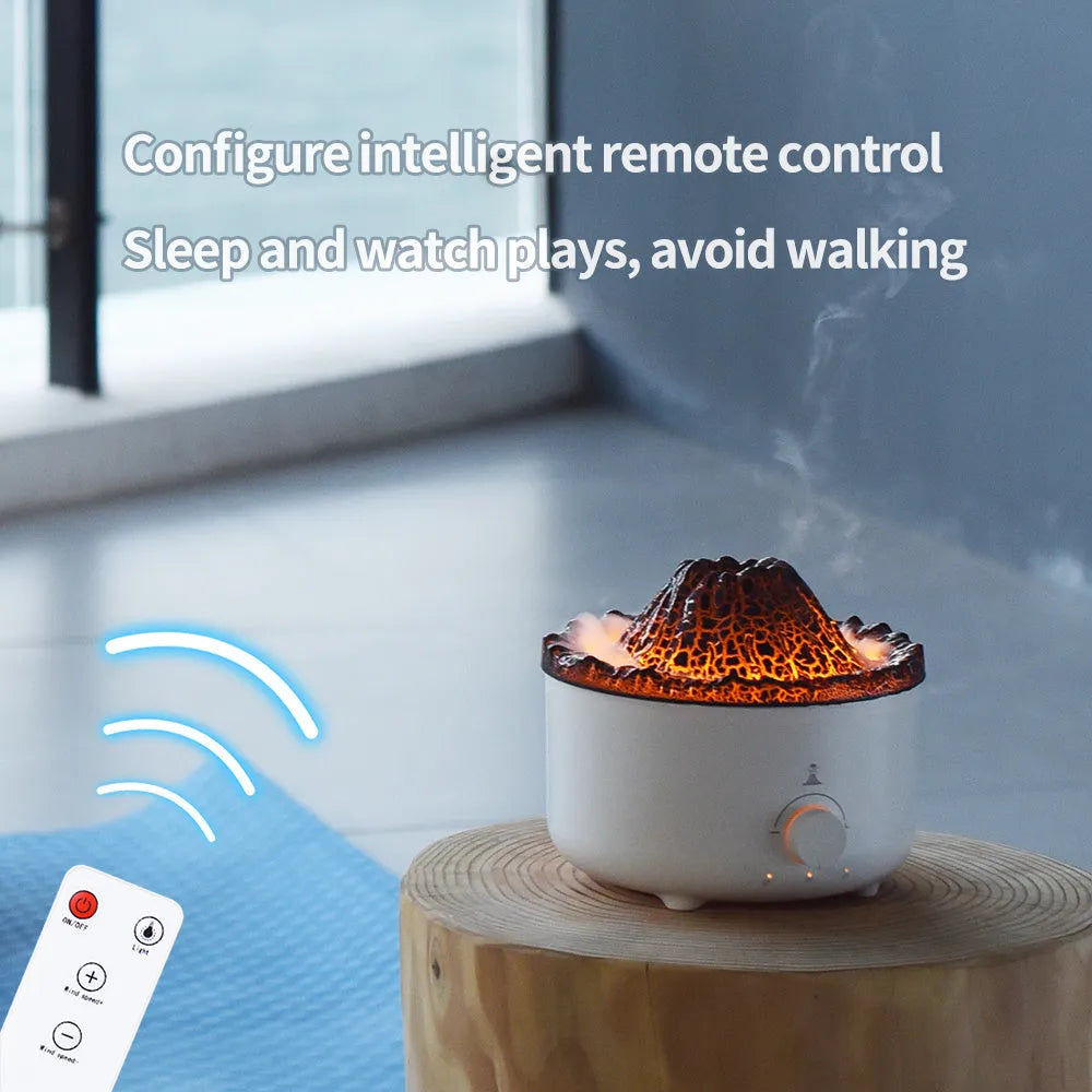White simulated flame volcano humidifier diffuser with remote control on tabletop