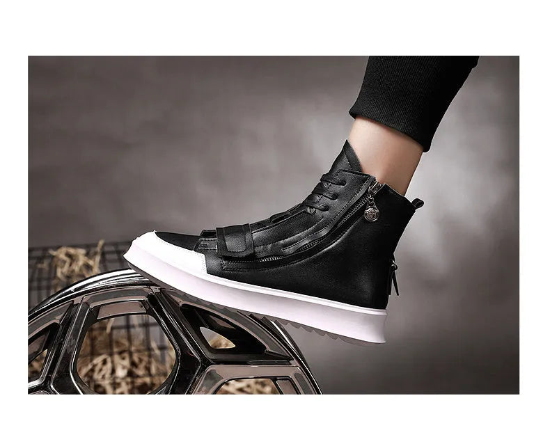 Men's black and white microfiber leather ankle boots in high-top sneaker style, shown with size chart.