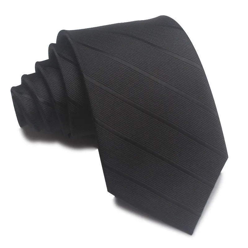 Men's striped polyester business tie showing jacquard woven texture and arrow shape