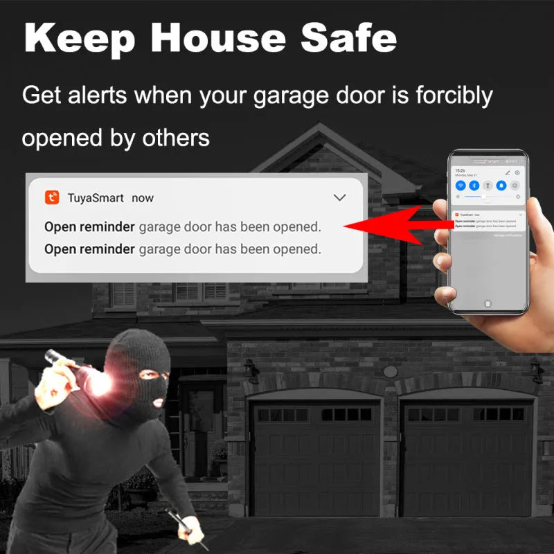 Black WiFi garage door controller with mounting accessories and user manual