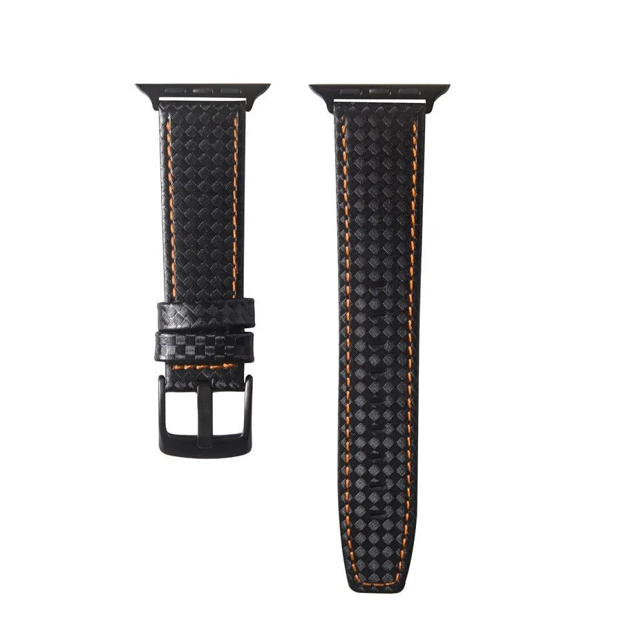 Apple Watch case with leather strap and carbon fibre elements in four colour options