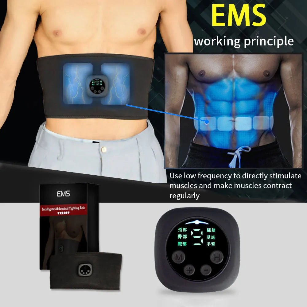 Smart digital display EMS fitness belt for abdominal muscle training in black, 102x17cm, with LCD screen and controls.