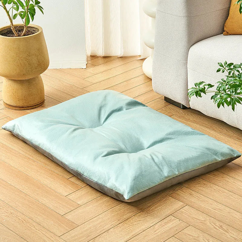 Cool summer pet nest sleeping mat in blue or coffee colour showing size options S M L XL