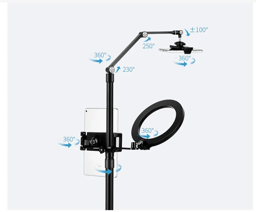 Black aluminium floor stand with fill light holding a mobile phone for video shooting.