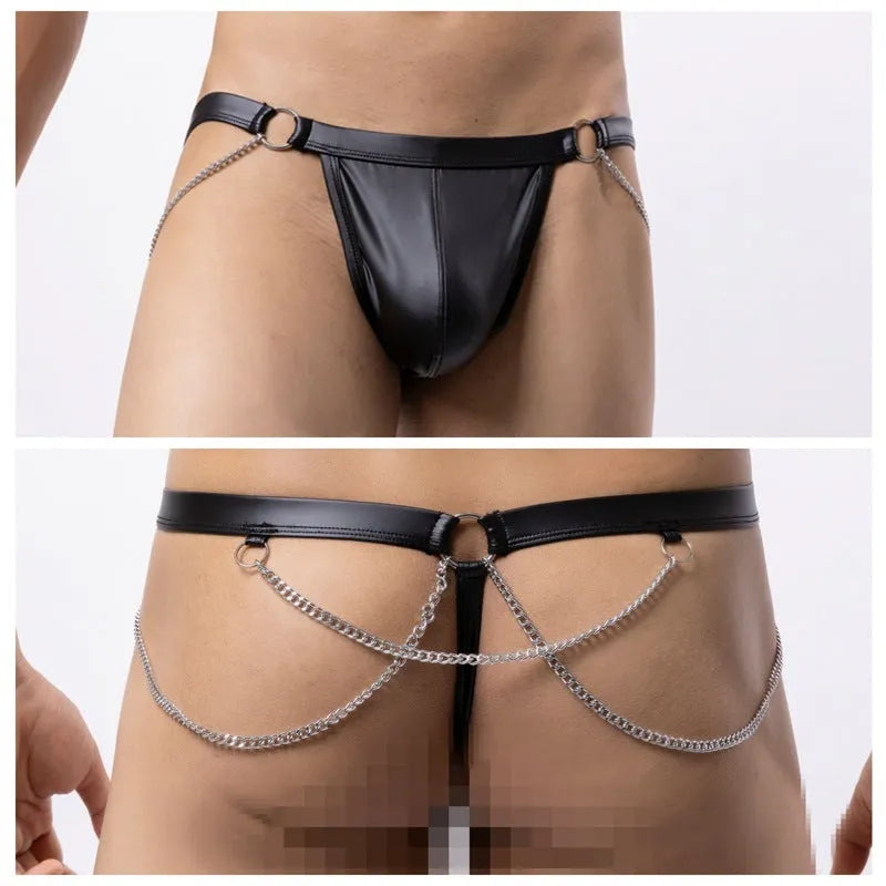 Black men's patent leather thong underwear with metallic chain detailing
