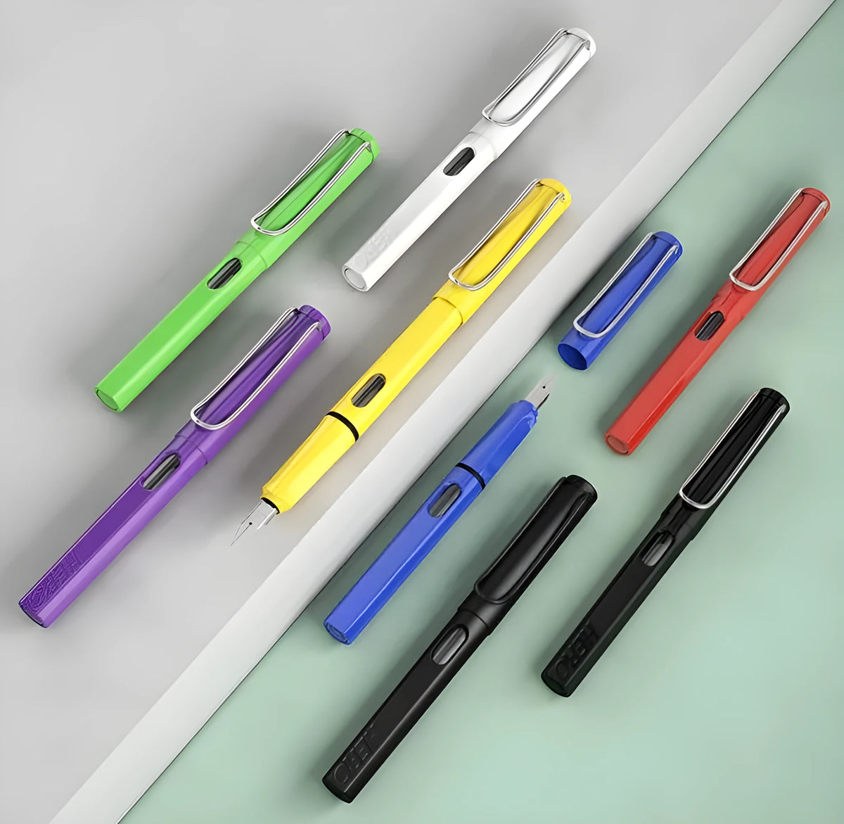 Engravable fountain pen with iridium nib, rotating ink absorption, and visual window, available in multiple colours