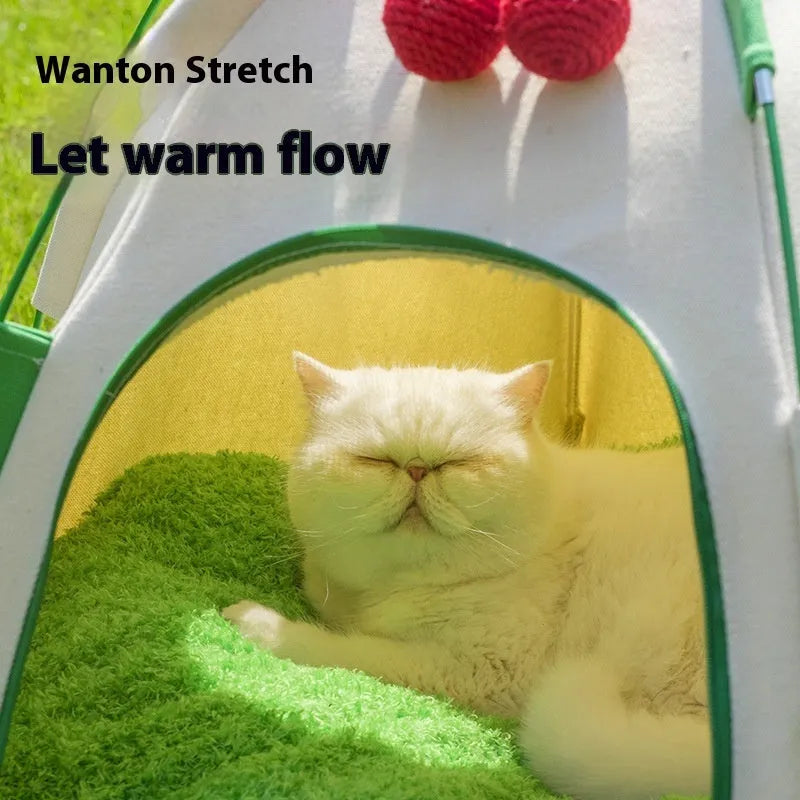 Dome-shaped cloth cat tent with optional thick pad for indoor pet sleeping