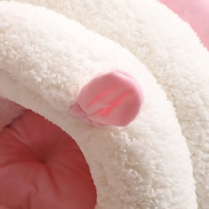 Closed washable cat nest with removable cushion in blue, pink, or purple colour