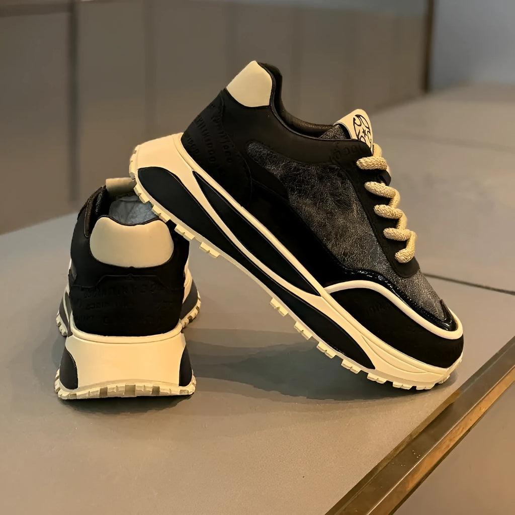 Men's black retro daddy shoes with thick rubber sole and synthetic leather upper, front lace-up.
