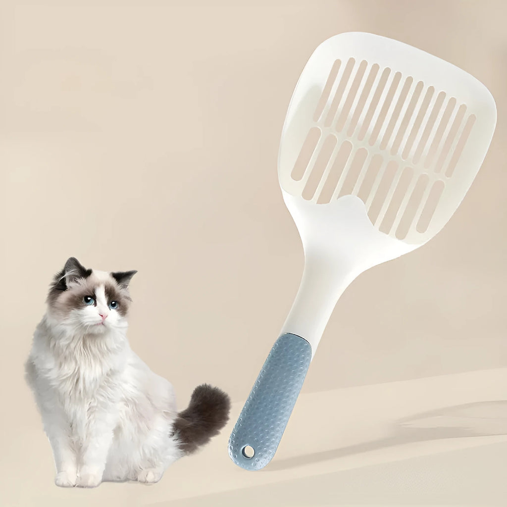 Large stainless steel cat litter shovel with mesh design and comfortable handle for pet cleaning