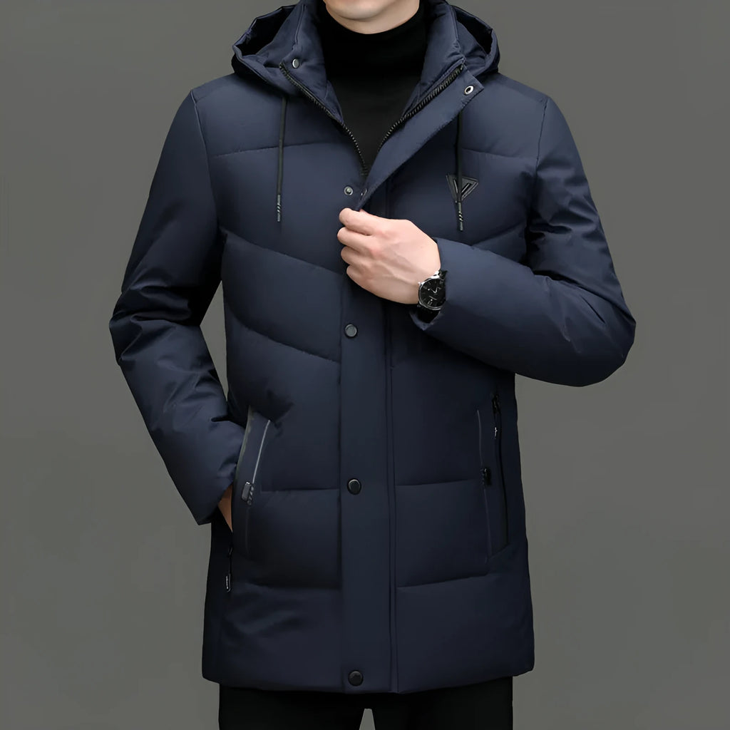 Men's extra thick down cotton-padded jacket in black, Korean casual cardigan style, regular fit, polyester fabric