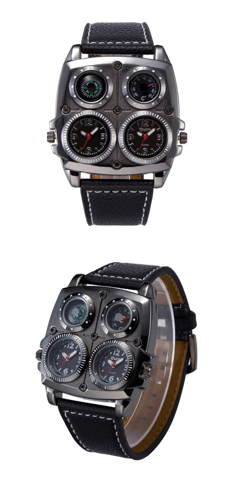 Men's quartz watch with 49mm square alloy case, imitation leather strap, and luminous compass GMT thermometer functions