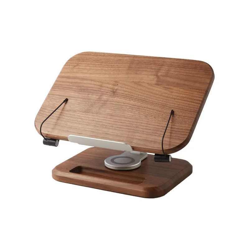 Solid wood adjustable reading rack in walnut colour holding a book on a table.