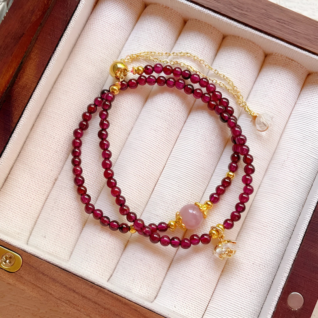 Women's natural garnet bracelet with double ring design and H311 colour stones