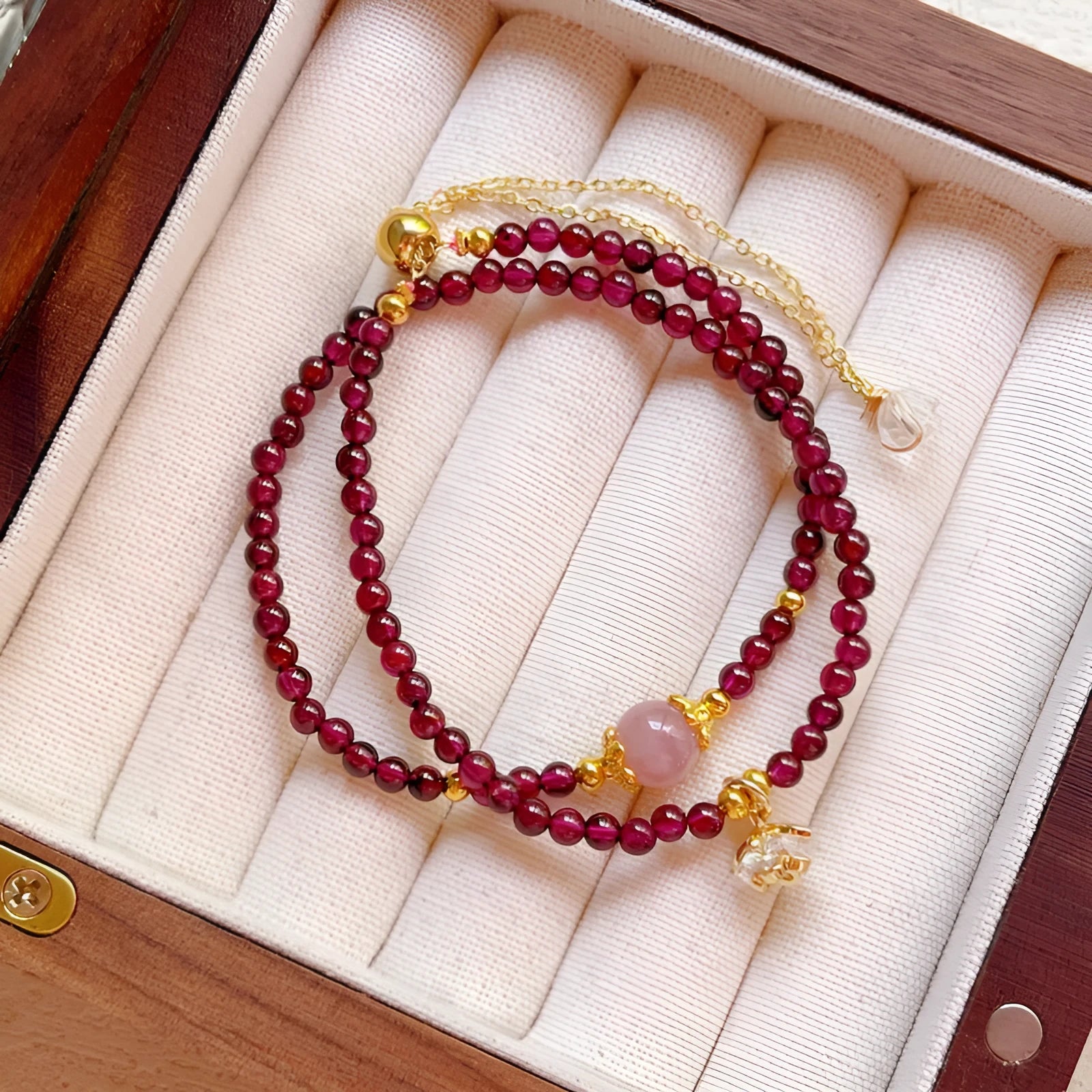 Women's natural garnet bracelet with double ring design and H311 colour stones