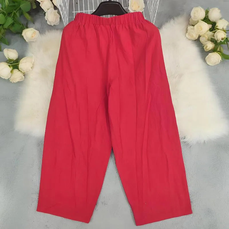 Cotton and linen harem trousers for women in watermelon red, wide-leg mid-waist fit, sizes S to XL
