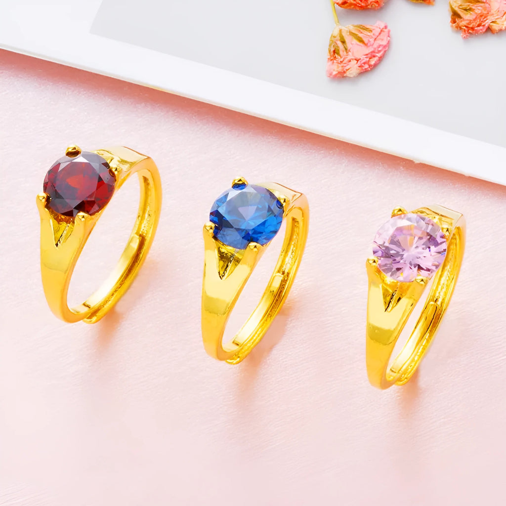 Adjustable women's placer gold zircon ring in six colour options with electroplated copper band