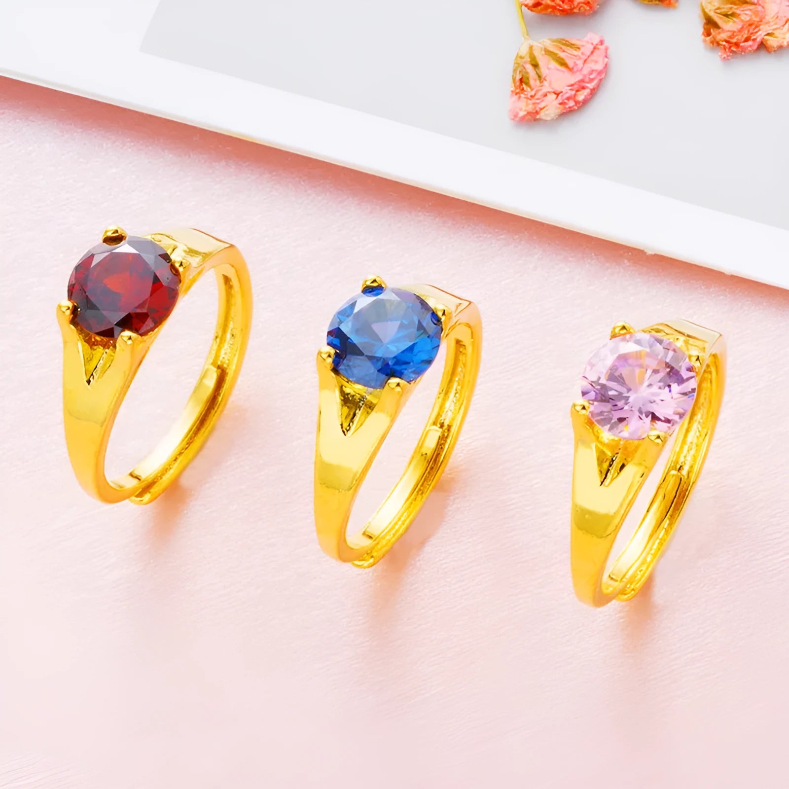Adjustable women's placer gold zircon ring in six colour options with electroplated copper band
