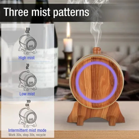Smart Bluetooth aromatherapy machine with 350ml tank, wooden barrel design, 7 colour lights and music player