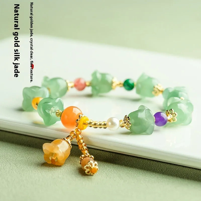 Natural Xinjiang jade orchid bracelet in aventurine orchid colour for 14-18cm wrist.