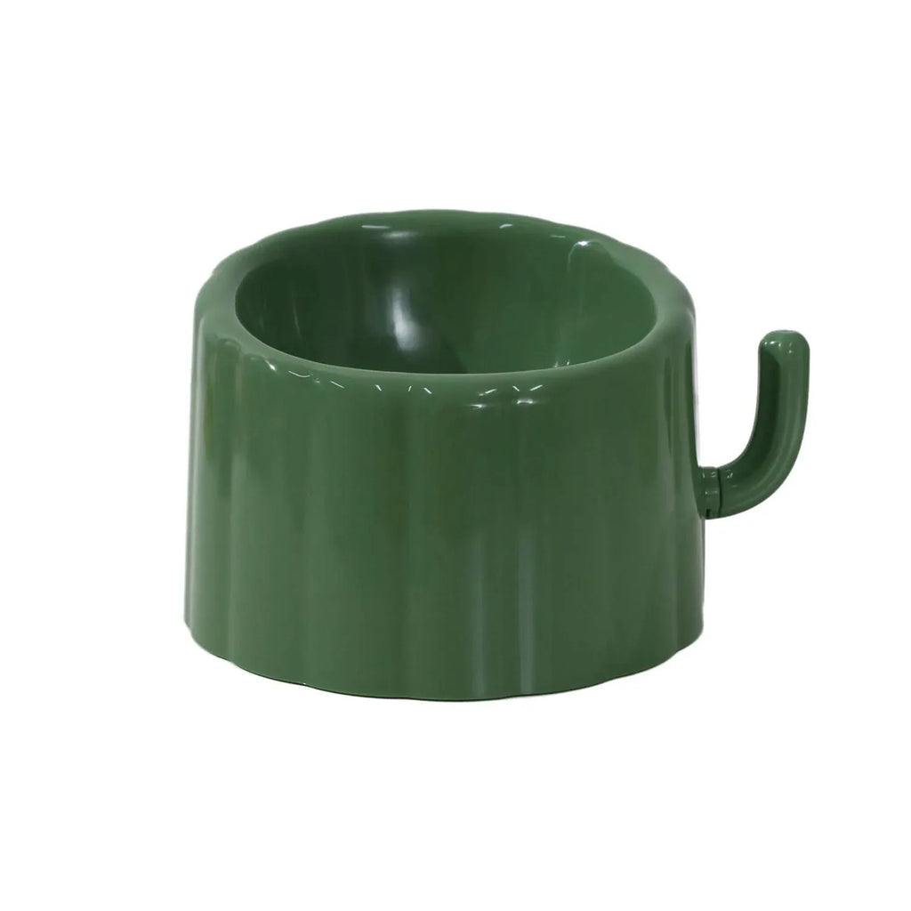 Green high-stand cat bowl with cactus design and anti-slip base.