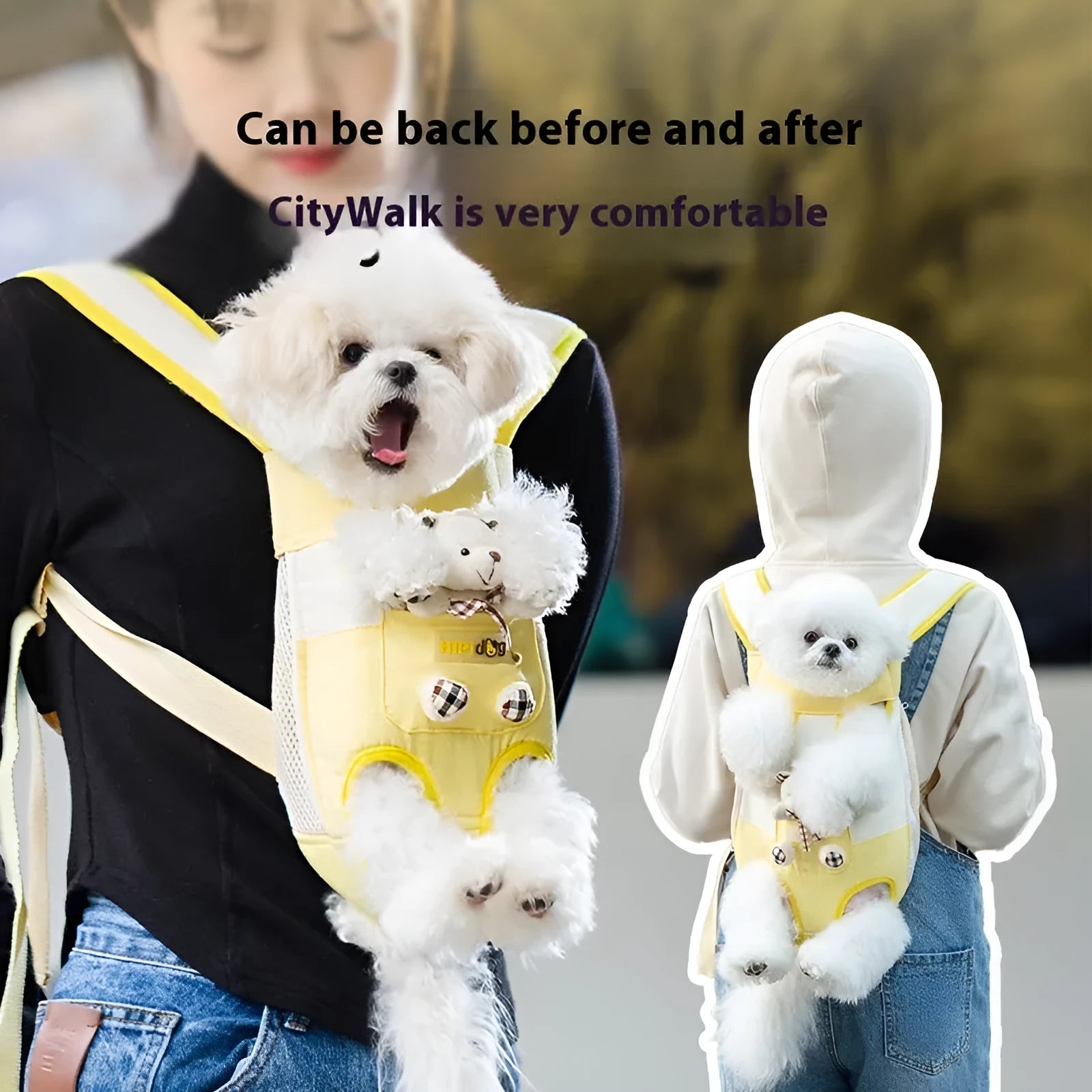 Cartoon style pet chest bag in soft canvas with ribbon trim showing Beka yellow bear stitching pattern