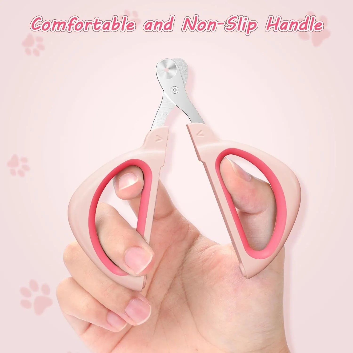 Pink and blue cat nail clippers with a safety guide hole and stainless steel blade on a white background.