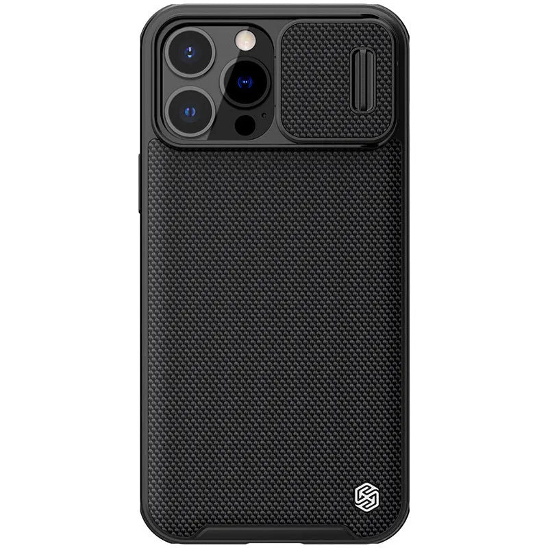 Black textured back cover protective phone case for Apple iPhone 13 Pro Max on a table.