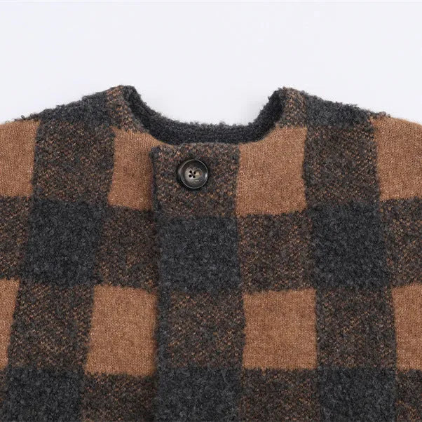 Autumn women's plaid knitted coat in colour block stripes, pullover style, regular fit, polyester blend, Japanese Korean casual wear