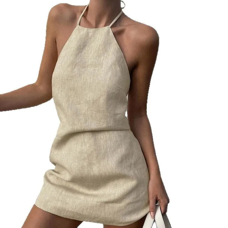 Women's solid colour linen dress with A-line skirt design for summer wear