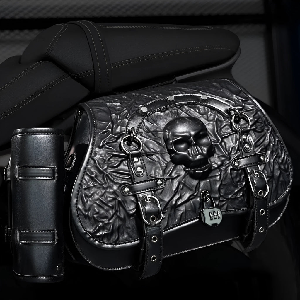 Pair of black PU motorcycle side luggage bags, model FBG404BK, mounted on a motorcycle.