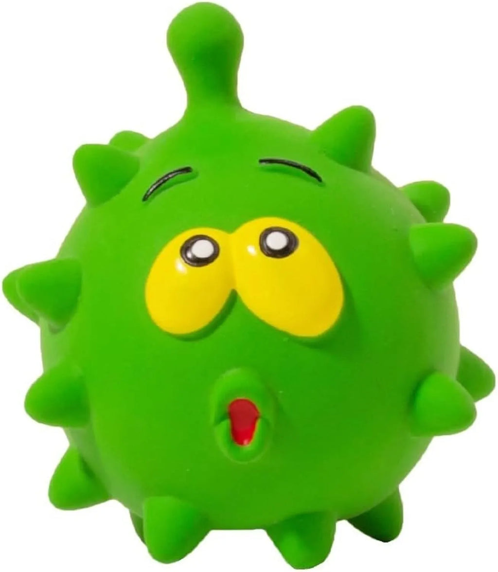 Set of four coloured latex squeaky dog balls with cute faces, shown next to a dog.