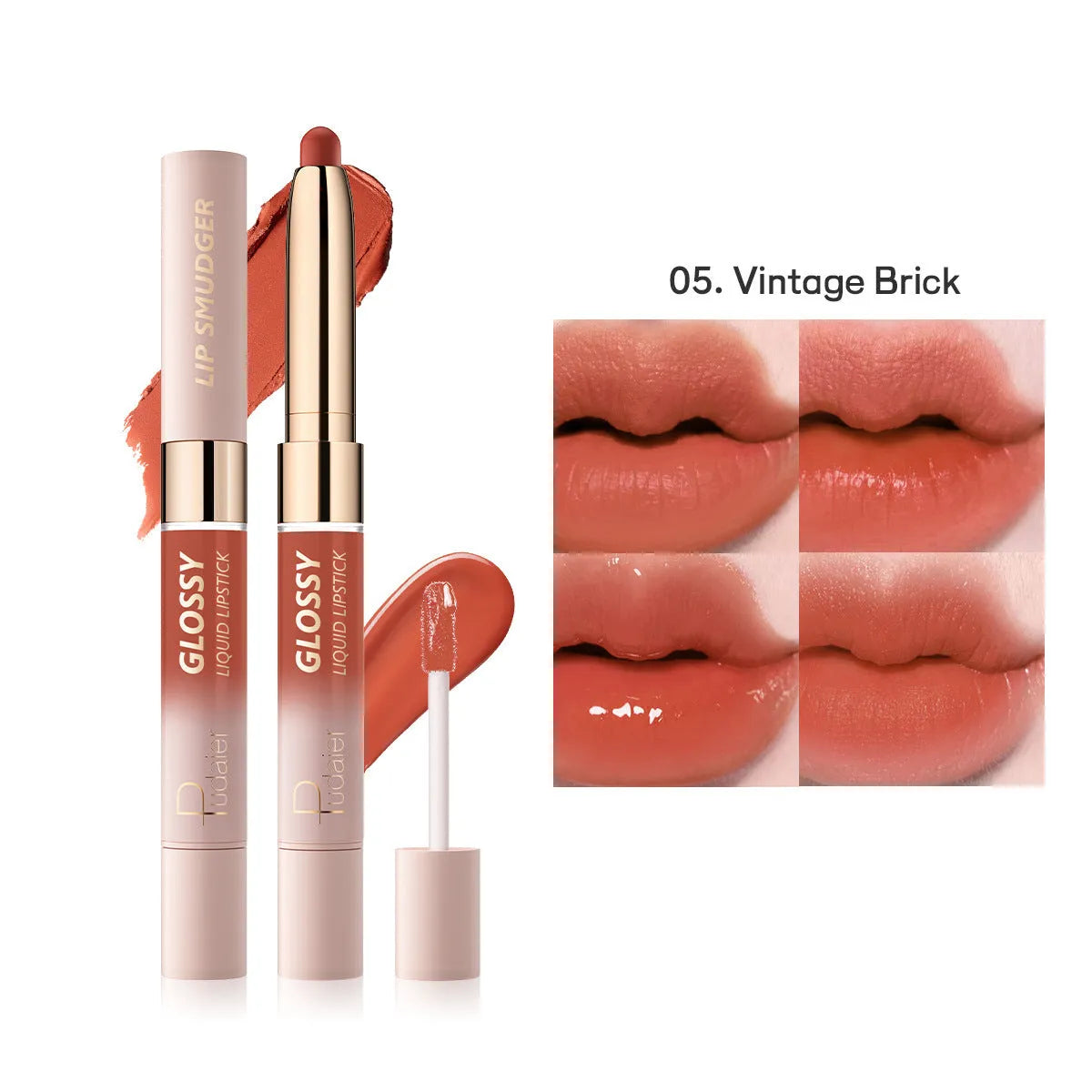 Double-headed matte lipstick showing ten colour options from 01 to 10 shades