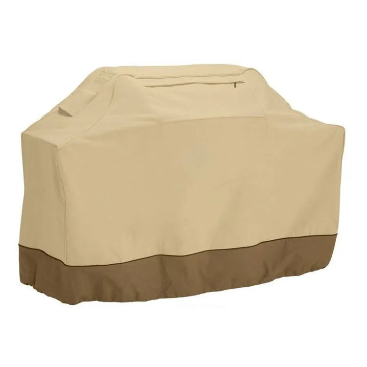 Beige Nordic-style polyester outdoor barbecue cover shown over a garden oven
