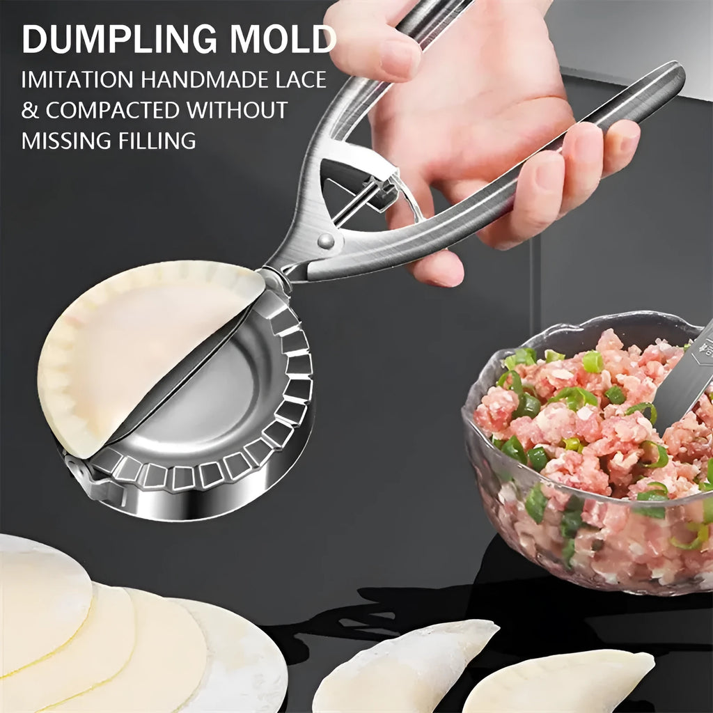 Silver stainless steel manual dumpling maker mould with handle for pressing and cutting wrappers.