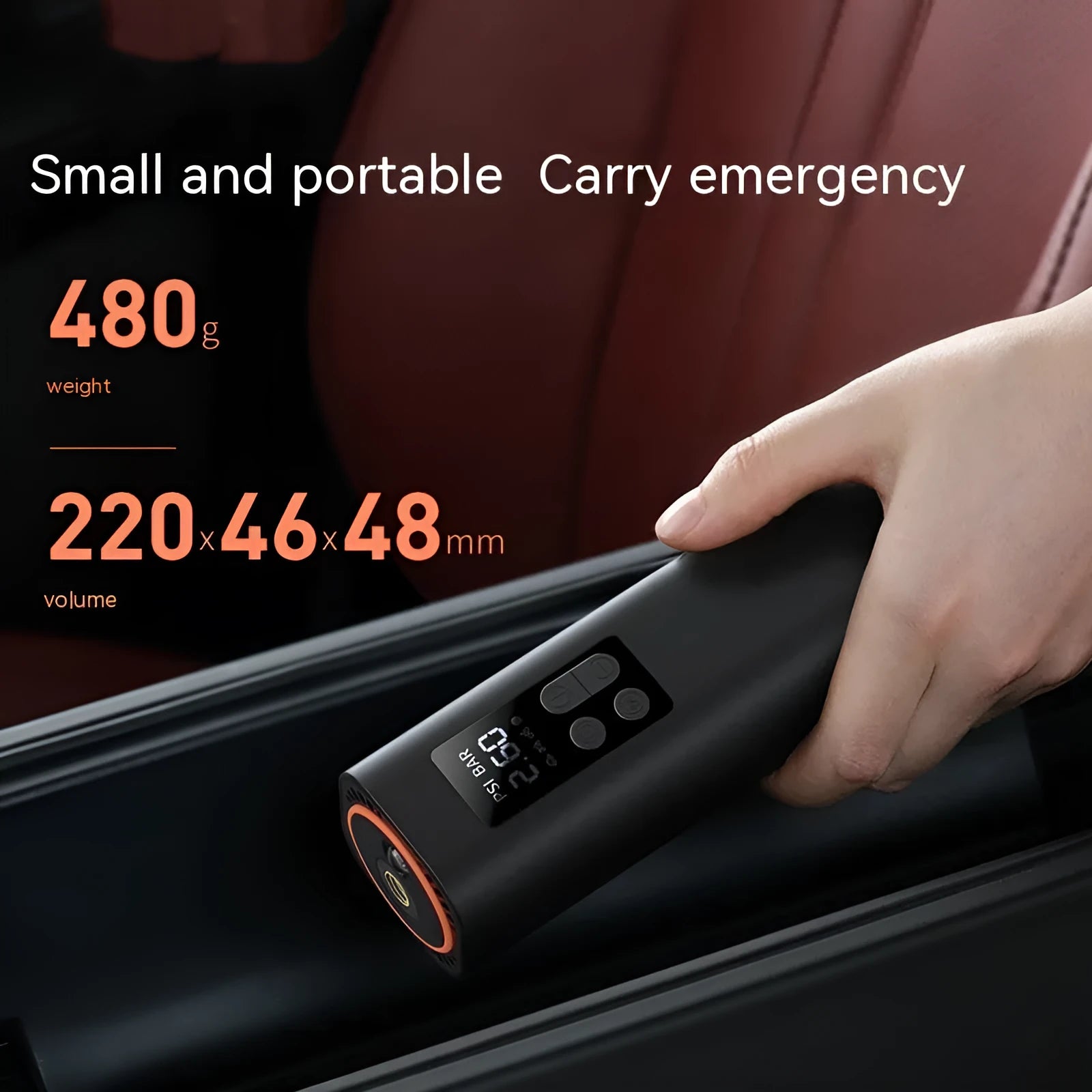 Black digital display car tyre inflator with 12V power cable and 18cm hose